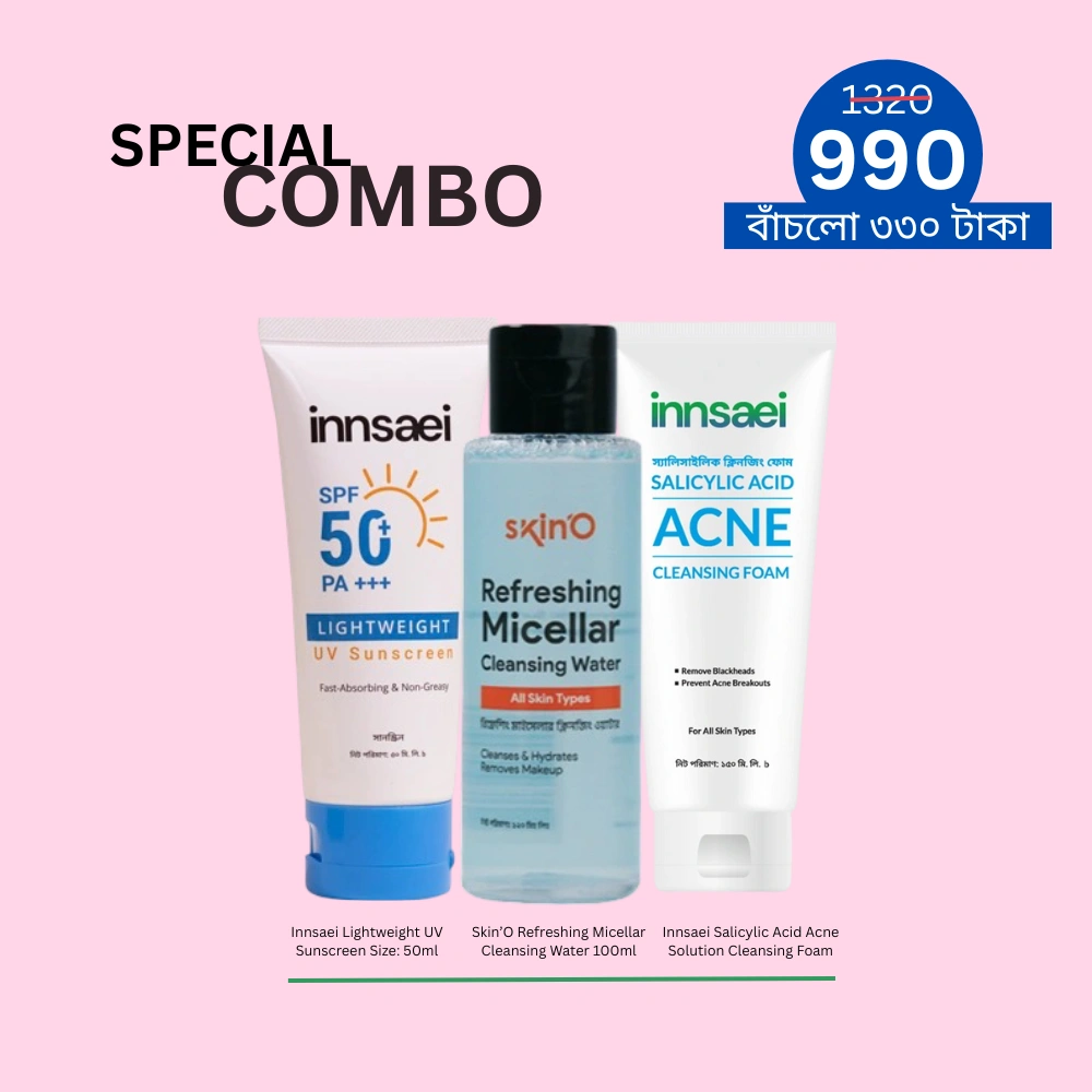 special combo Innsaei Lightweight UV Sunscreen Innsaei Salicylic Acid Acne Solution Cleansing Foam Skin’O Refreshing Micellar Cleansing Water